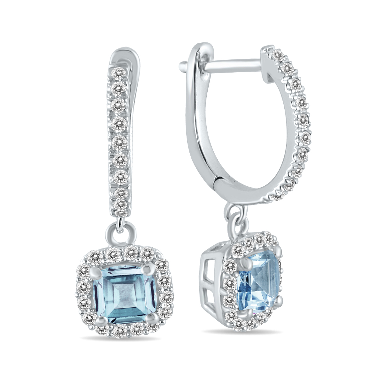 Image of 1 Carat Aquamarine and Diamond Halo Dangle Earrings in 10K White Gold