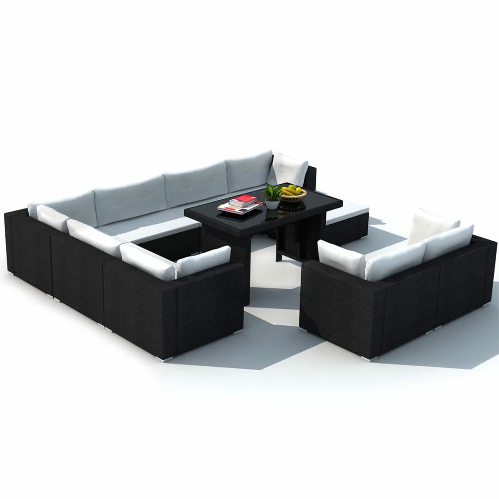 Image of 10 Piece Garden Lounge Set with Cushions Poly Rattan Black
