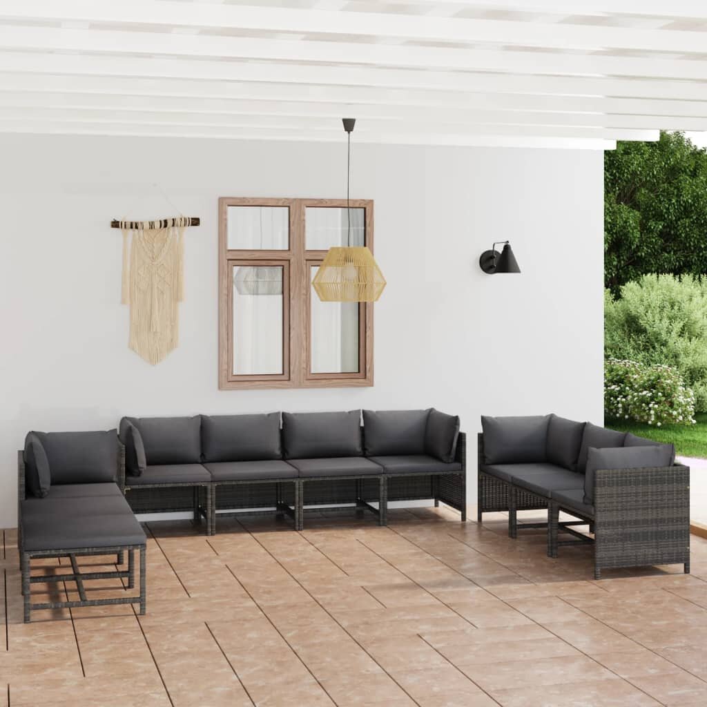 Image of 10 Piece Patio Lounge Set with Cushions Poly Rattan Gray