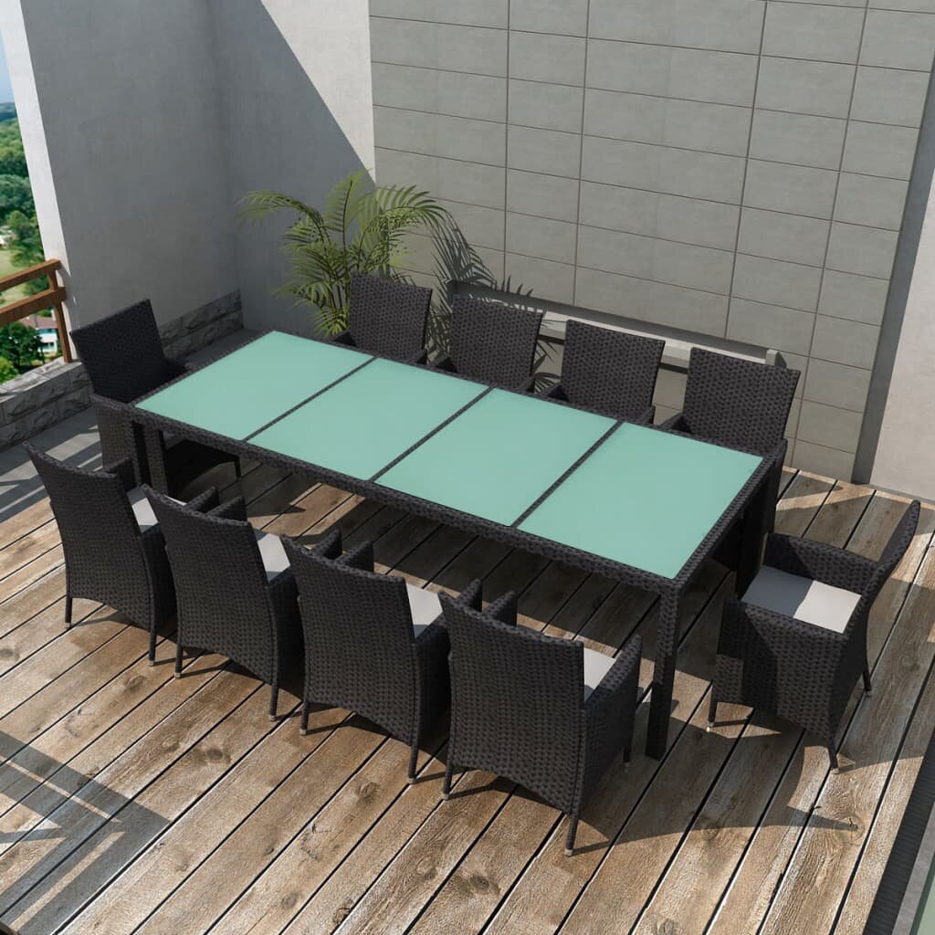 Image of 11 Piece Outdoor Dining Set with Cushions Poly Rattan Black