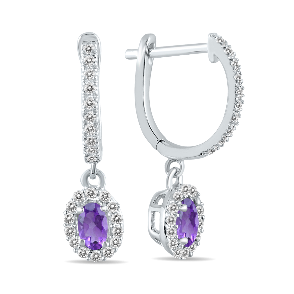 Image of 1/2 Carat Oval Amethyst and Diamond Halo Dangle Earrings in 10K White Gold
