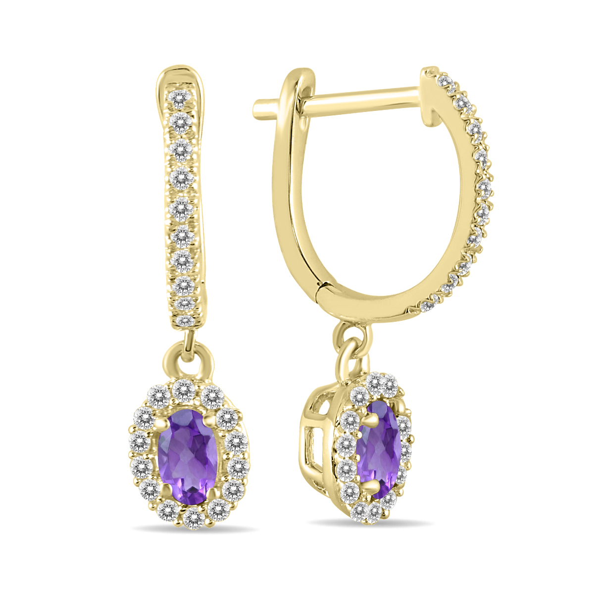 Image of 1/2 Carat Oval Amethyst and Diamond Halo Dangle Earrings in 10K Yellow Gold