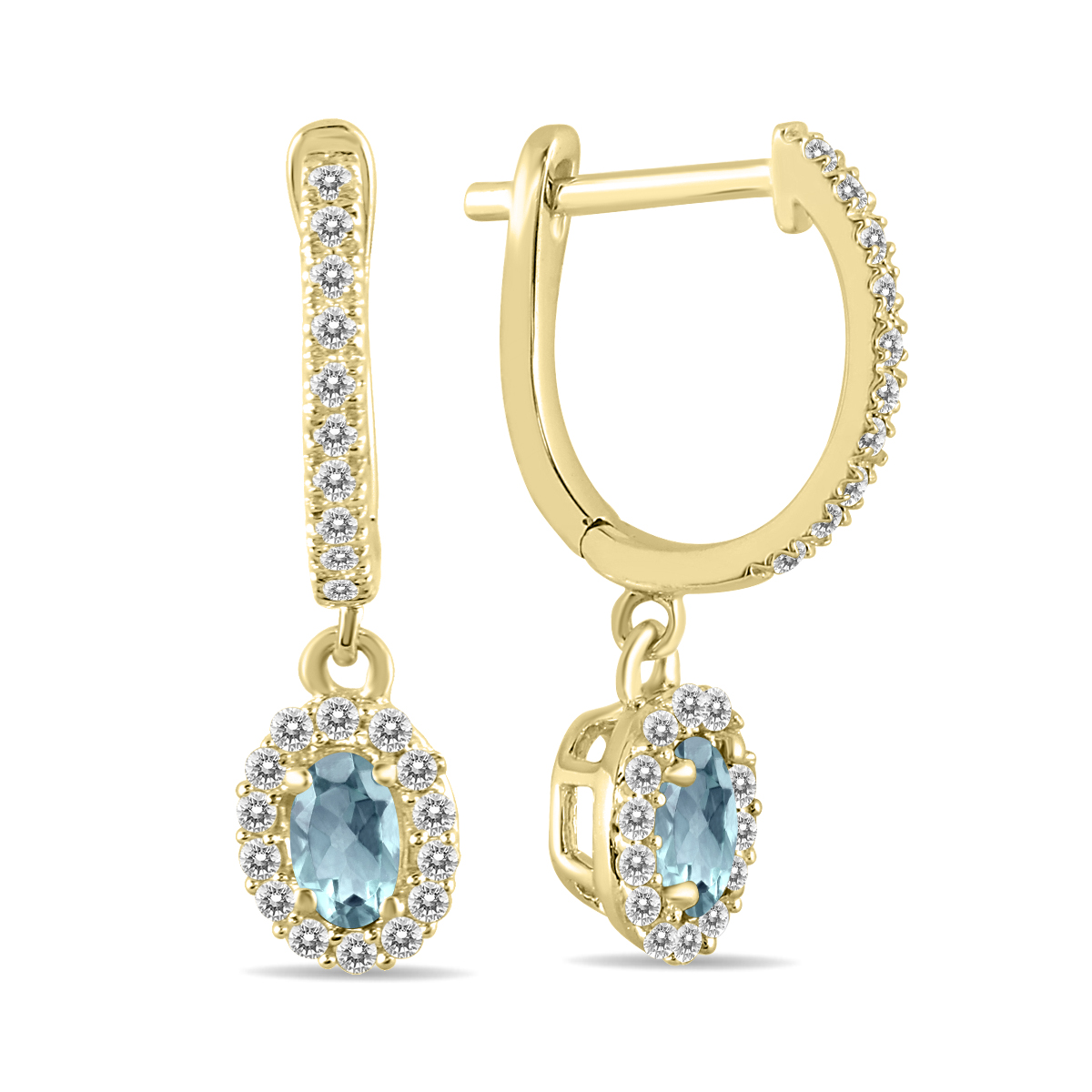 Image of 1/2 Carat Oval Aquamarine and Diamond Halo Dangle Earrings in 10K Yellow Gold