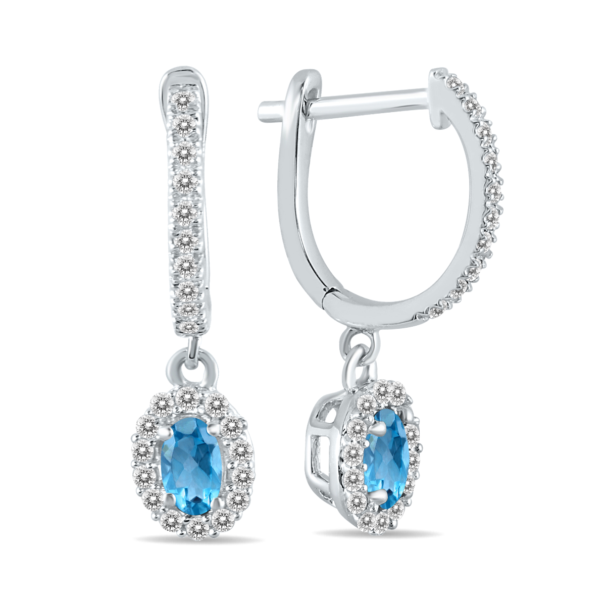 Image of 1/2 Carat Oval Blue Topaz and Diamond Halo Dangle Earrings in 10K White Gold
