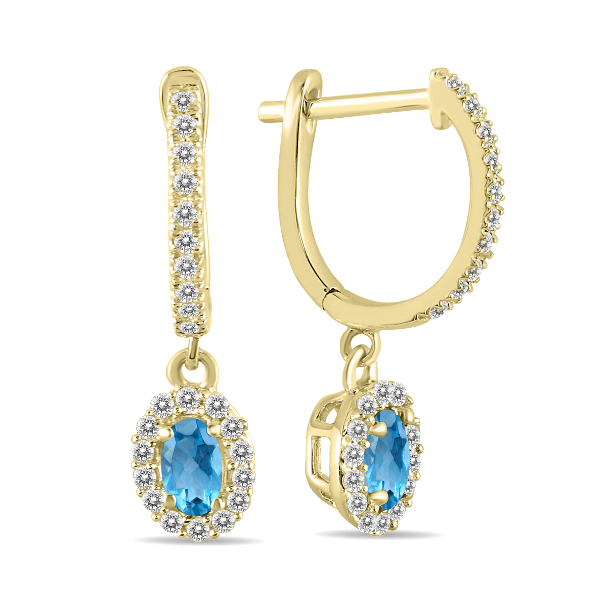Image of 1/2 Carat Oval Blue Topaz and Diamond Halo Dangle Earrings in 10K Yellow Gold