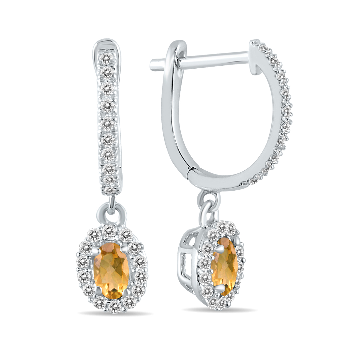Image of 1/2 Carat Oval Citrine and Diamond Halo Dangle Earrings in 10K White Gold