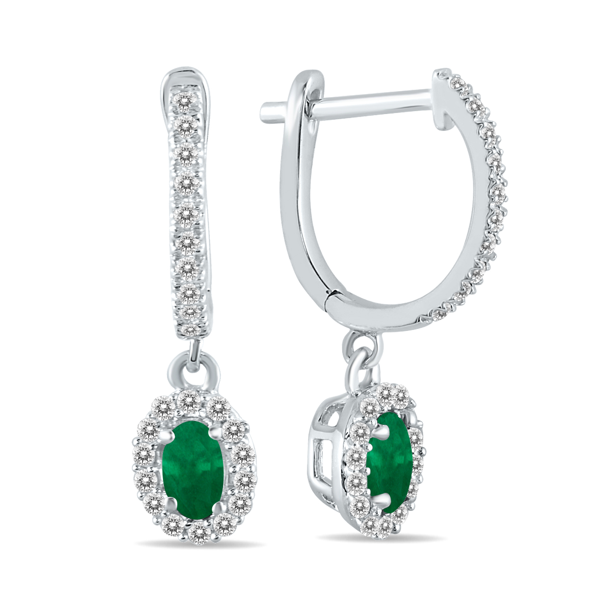 Image of 1/2 Carat Oval Emerald and Diamond Halo Dangle Earrings in 10K White Gold