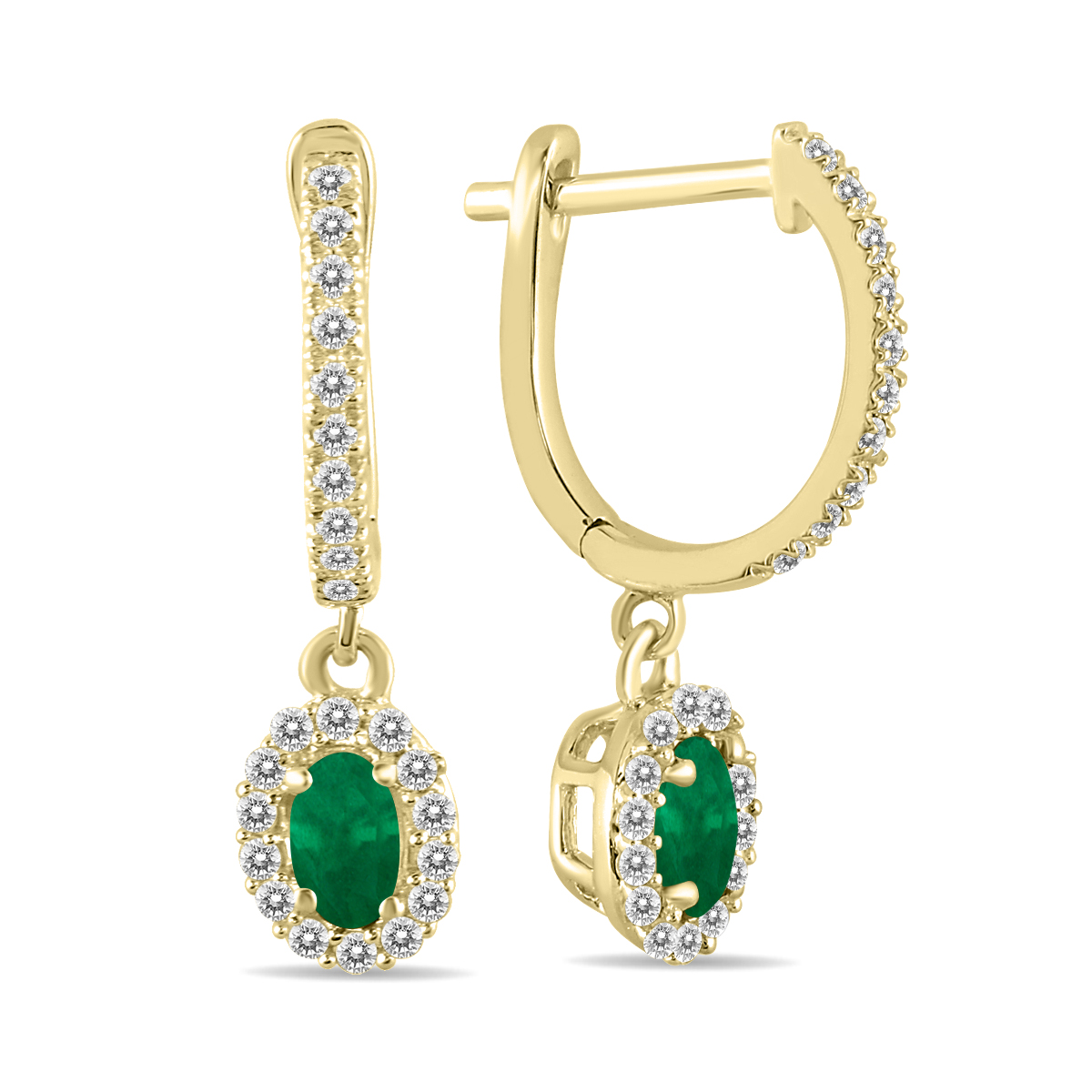 Image of 1/2 Carat Oval Emerald and Diamond Halo Dangle Earrings in 10K Yellow Gold