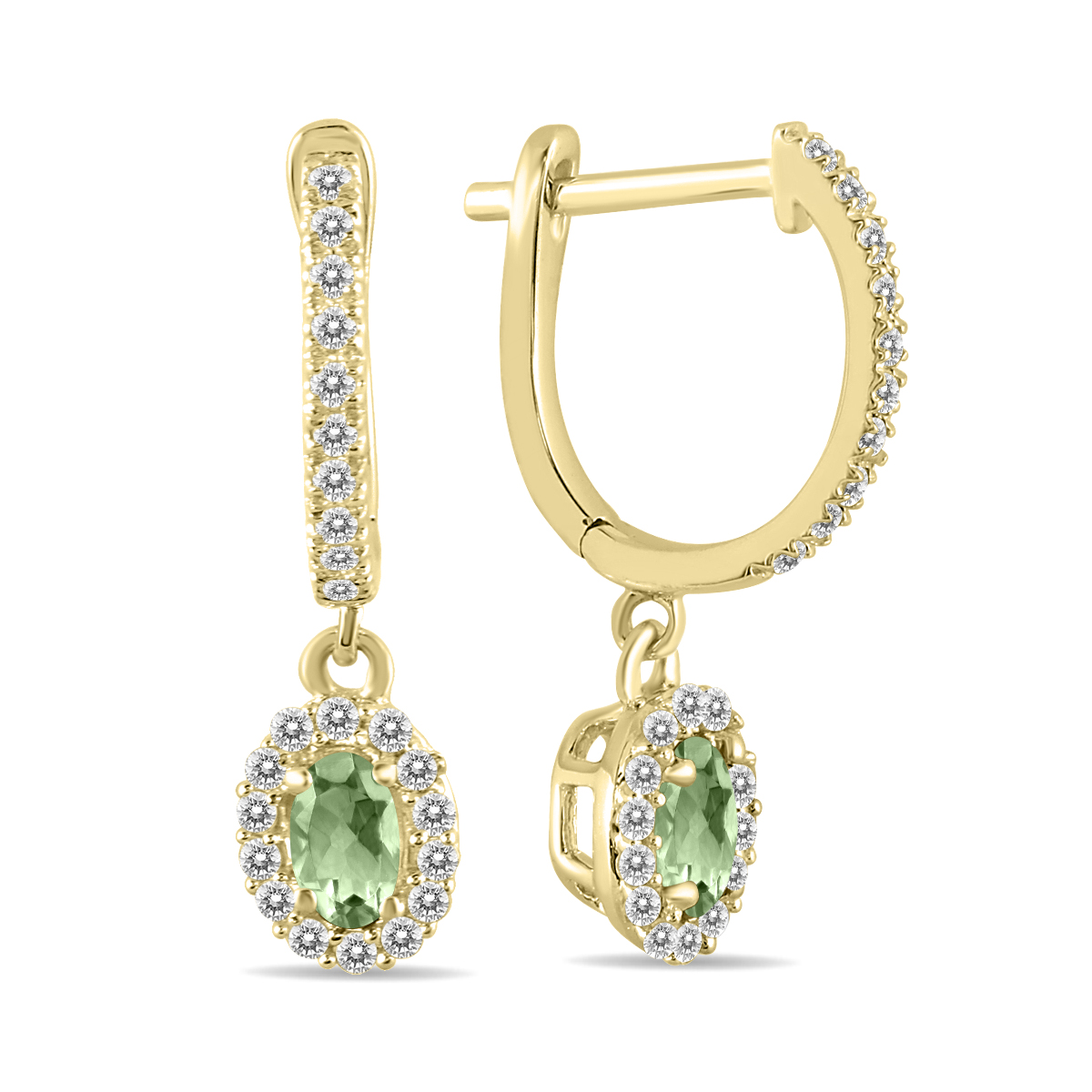 Image of 1/2 Carat Oval Green Amethyst and Diamond Halo Dangle Earrings in 10K Yellow Gold