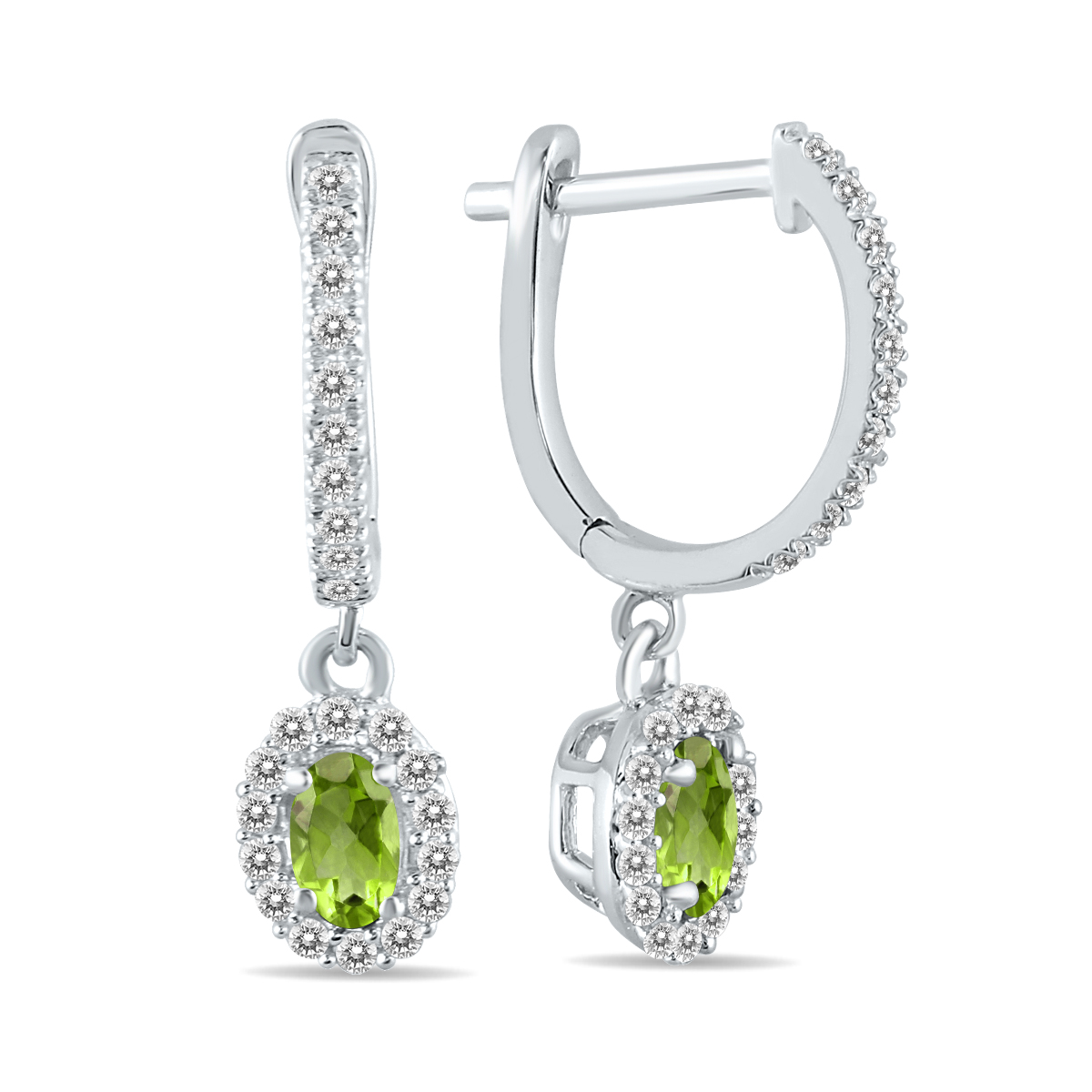 Image of 1/2 Carat Oval Peridot and Diamond Halo Dangle Earrings in 10K White Gold