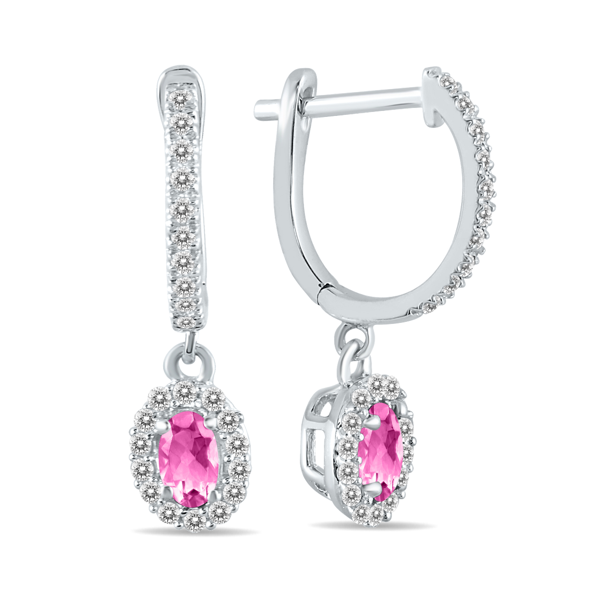 Image of 1/2 Carat Oval Pink Topaz and Diamond Halo Dangle Earrings in 10K White Gold