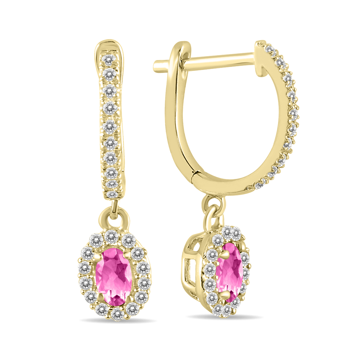 Image of 1/2 Carat Oval Pink Topaz and Diamond Halo Dangle Earrings in 10K Yellow Gold