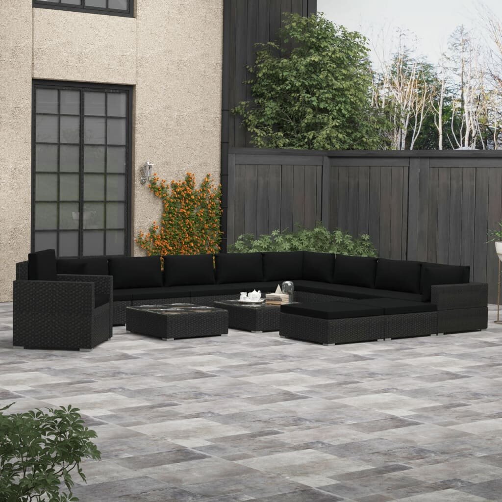 Image of 13 Piece Garden Lounge Set with Cushions Poly Rattan Black