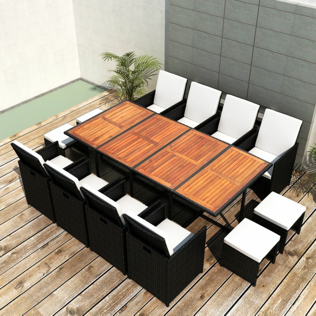 Image of 13 Piece Outdoor Dining Set Poly Rattan and Acacia Wood Black