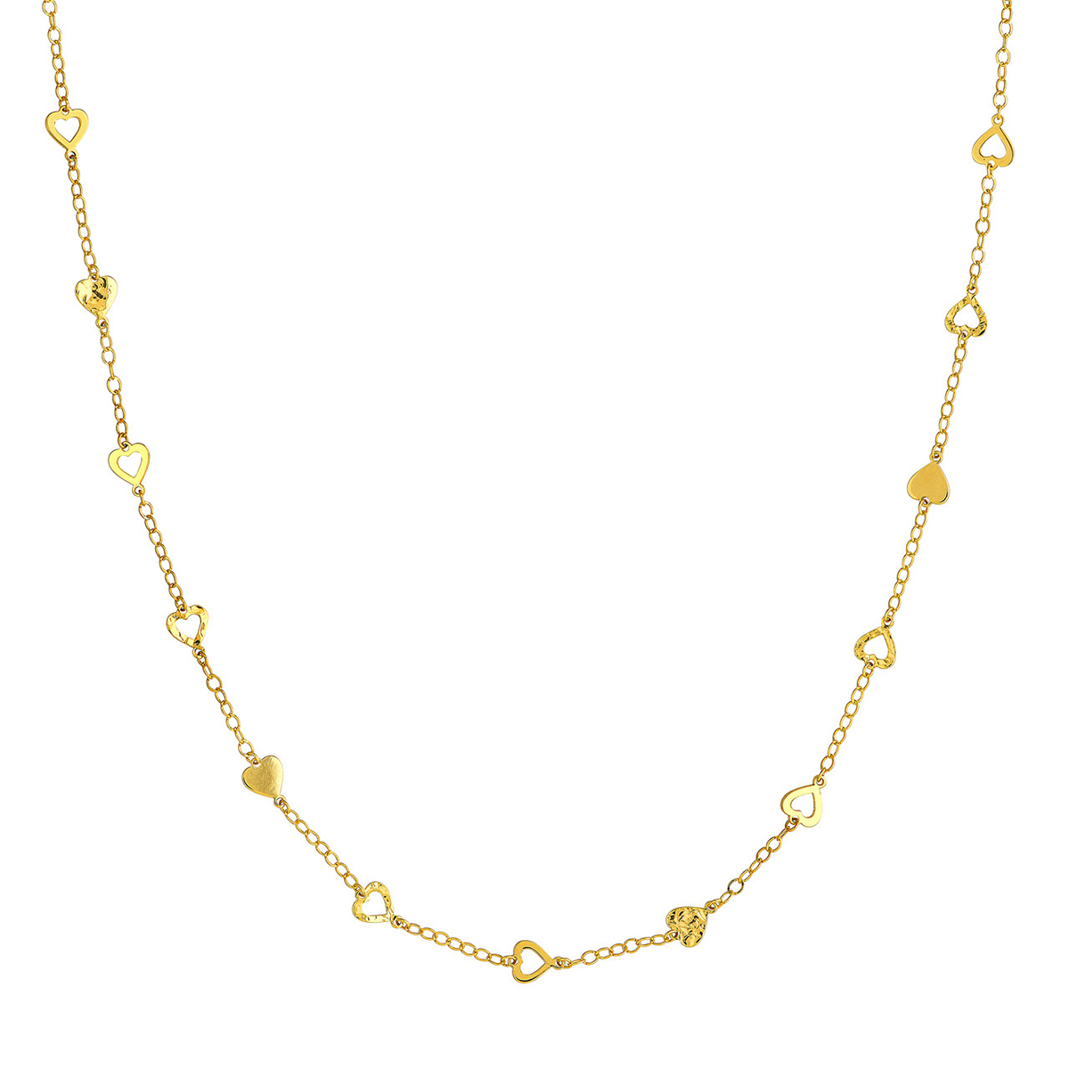 Image of 14K Solid Yellow Gold Mixed Hearts Station Curb Chain Necklace