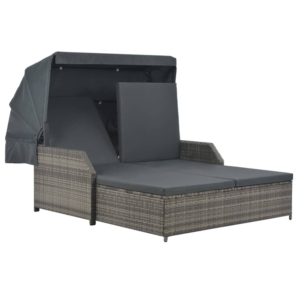 Image of 2-Person Sun Lounger with Canopy Poly Rattan Gray