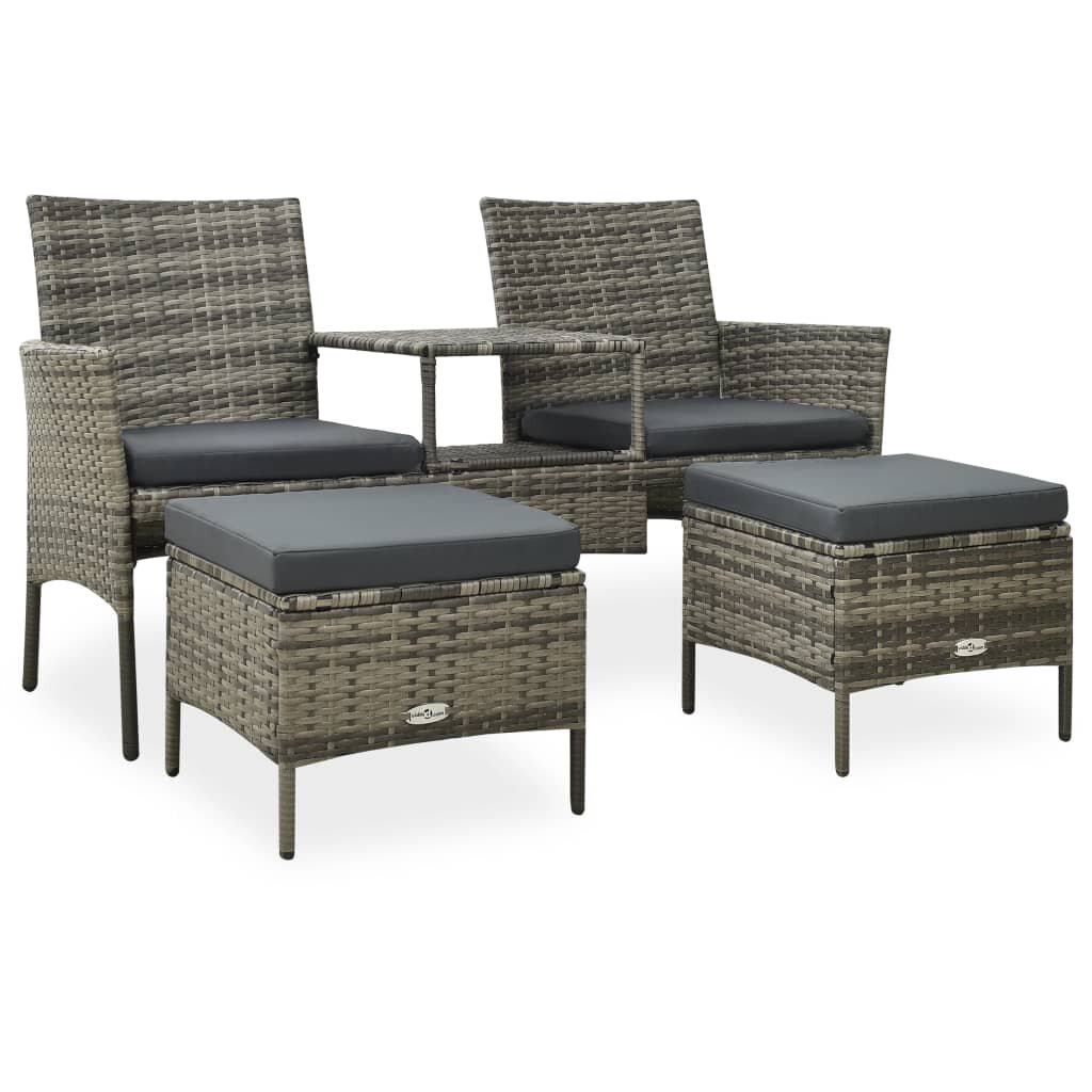 Image of 2-Seater Garden Sofa with Tea Table & Stools Poly Rattan Gray