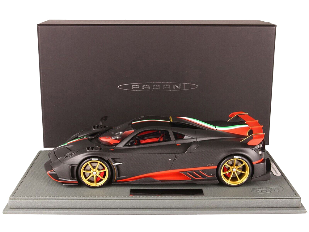 Image of 2020 Pagani Imola Matt Carbon Fibre Black with Italian Flag Stripes with DISPLAY CASE Limited Edition to 300 pieces Worldwide 1/18 Model Car by BBR