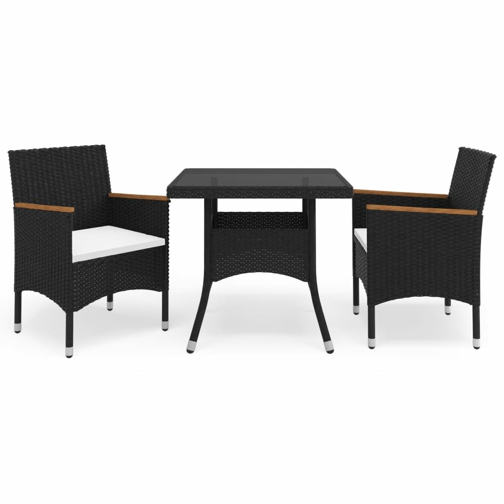 Image of 3 Piece Garden Dining Set Black Poly Rattan and Acacia Wood