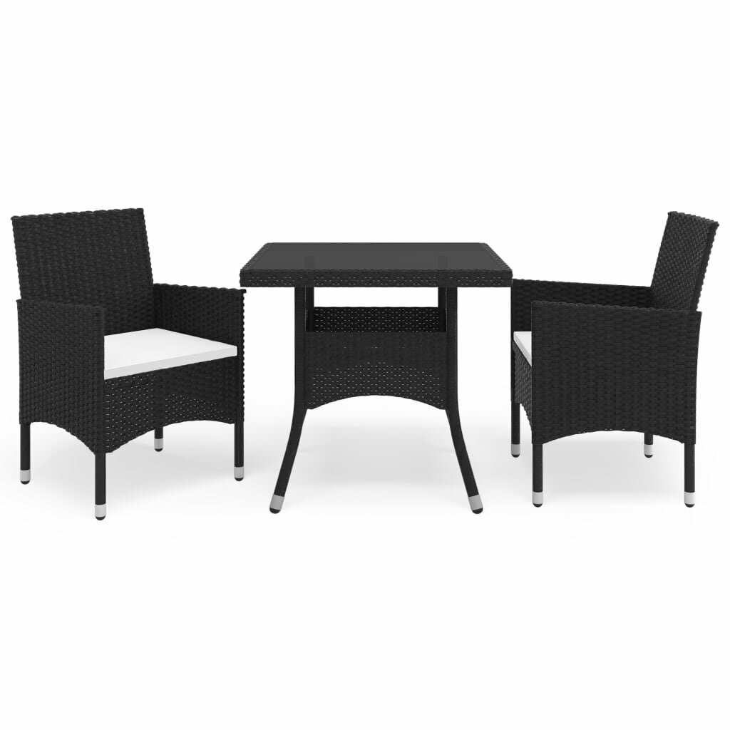 Image of 3 Piece Garden Dining Set Black Poly Rattan and Glass