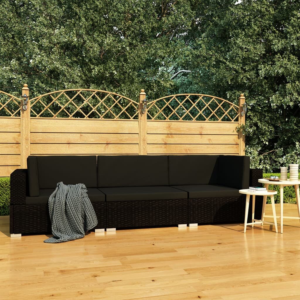 Image of 3 Piece Garden Sofa Set with Cushions Poly Rattan Black