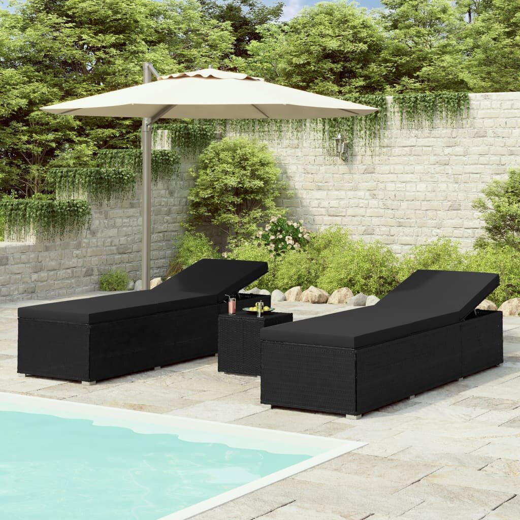 Image of 3 Piece Garden Sun Loungers with Tea Table Poly Rattan Black