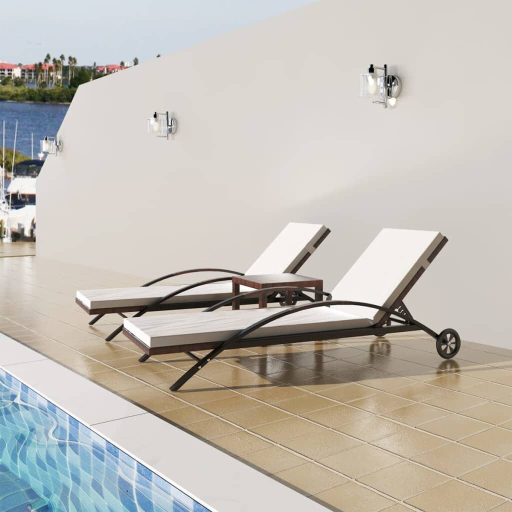 Image of 3 Piece Outdoor Furniture Set 2 Sun Loungers with Table Poly Rattan Brown