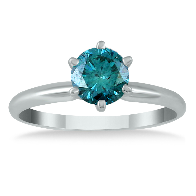 Image of 3/4 Carat Genuine Round Blue Diamond Solitaire Ring in 14k White Gold