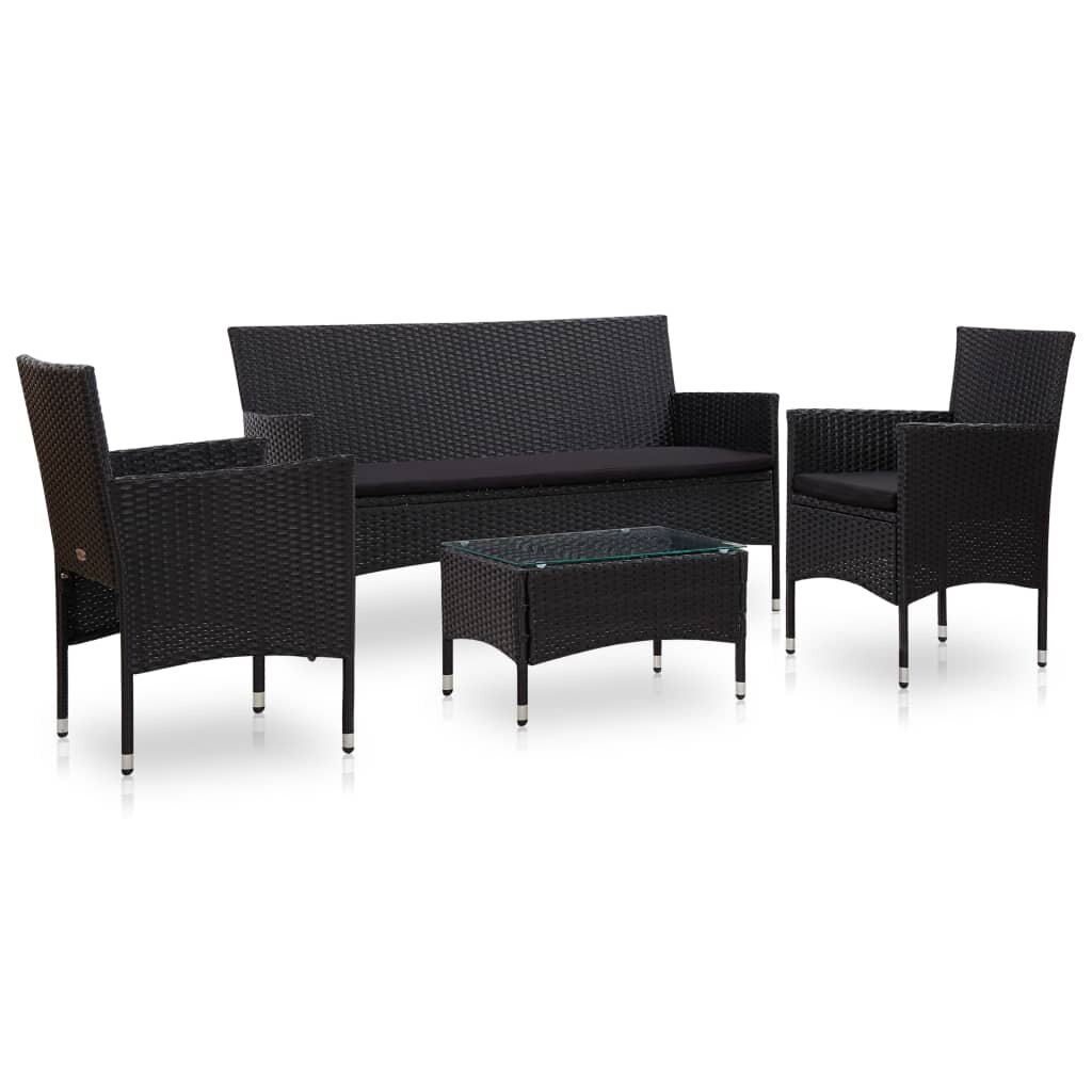 Image of 4 Piece Garden Lounge Set With Cushions Poly Rattan Black
