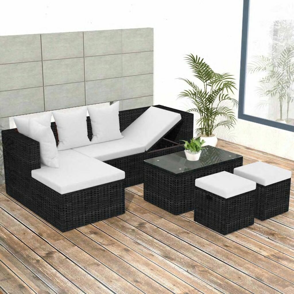 Image of 4 Piece Outdoor Patio Furniture Set Garden Lounge Set with Cushions Poly Rattan Black