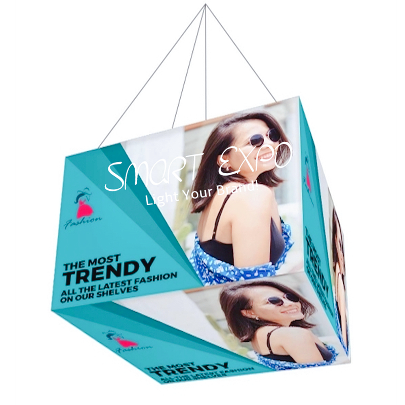 Image of 4ft Ceiling Hang Cubic Sign Banner Cube Logo Advertising Display Stand with Sides and Bottom Fabric Printing Graphics Portable Carry Bag