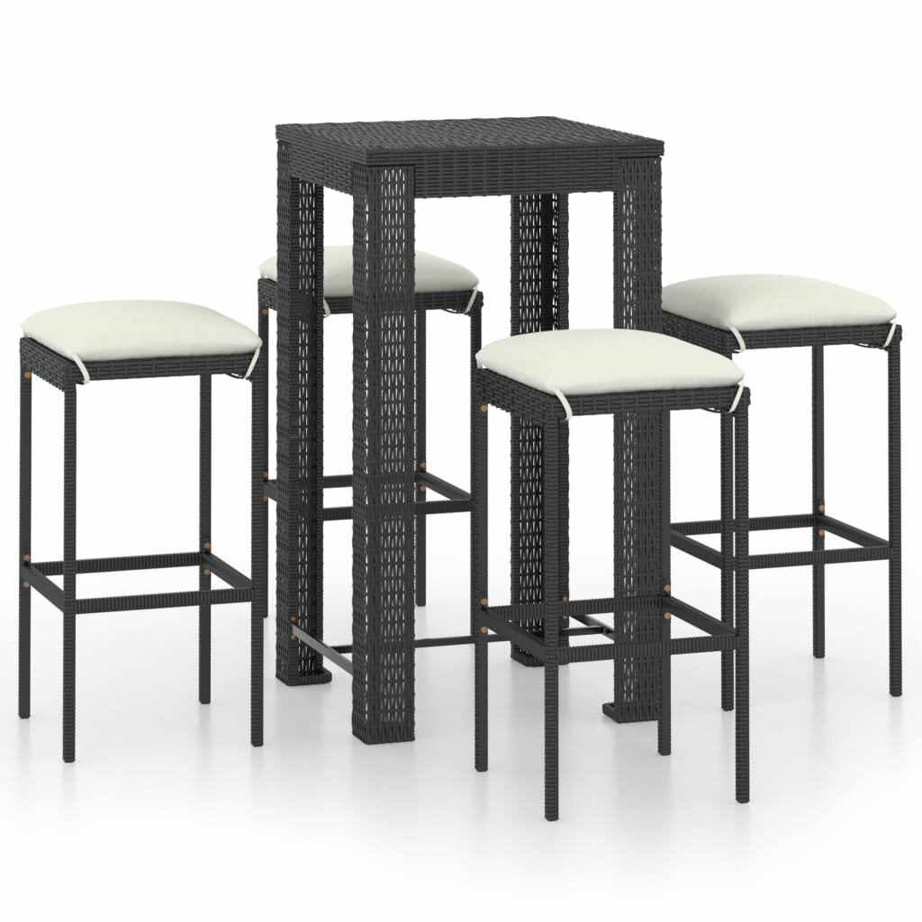 Image of 5 Piece Garden Bar Set with Cushions Poly Rattan Black