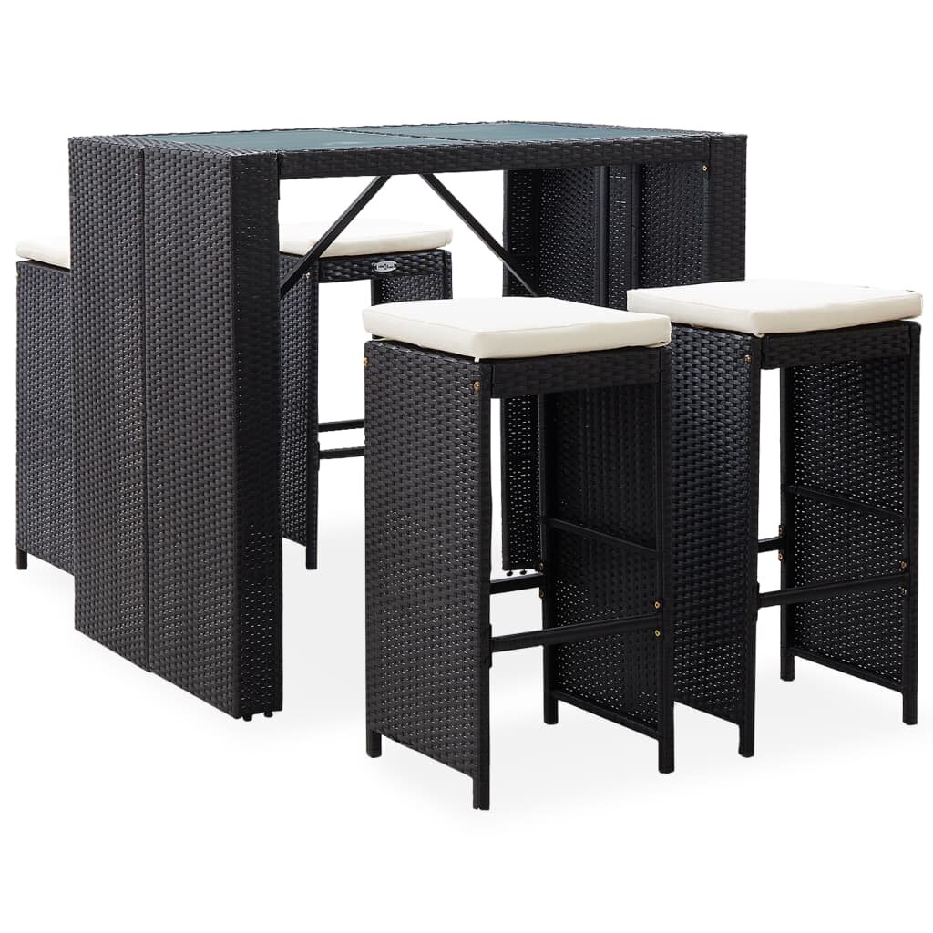 Image of 5 Piece Outdoor Bar Set Poly Rattan and Glass Black
