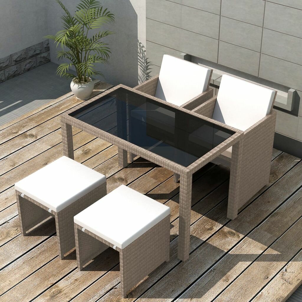 Image of 5 Piece Outdoor Dining Furniture Set with Cushions Poly Rattan Beige