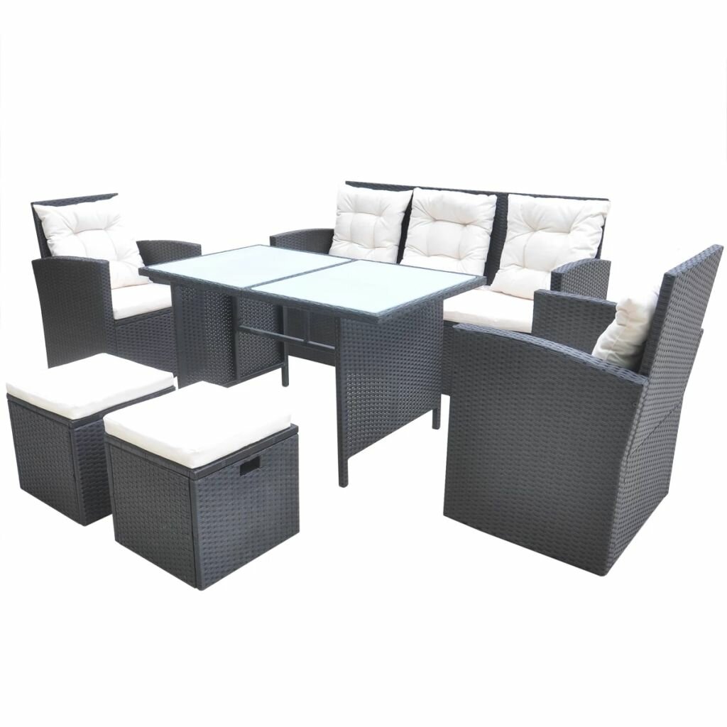Image of 6 Piece Outdoor Dining Set with Cushions Poly Rattan Black