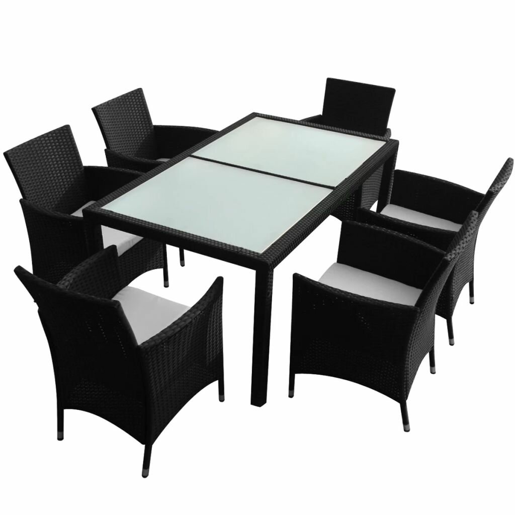 Image of 7 Piece Outdoor Patio Dining Furniture Set with Cushions Poly Rattan Black