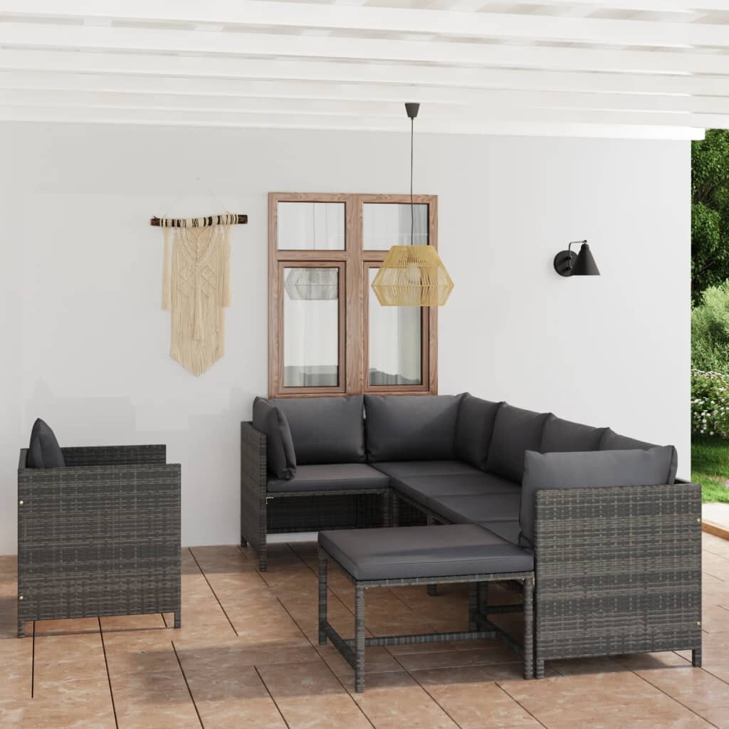 Image of 7 Piece Patio Lounge Set with Cushions Poly Rattan Gray