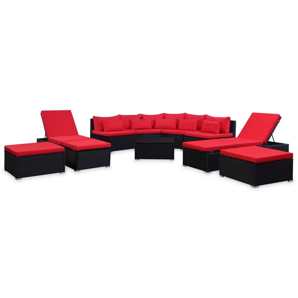 Image of 9 Piece Garden Lounge Set with Cushions Poly Rattan Red