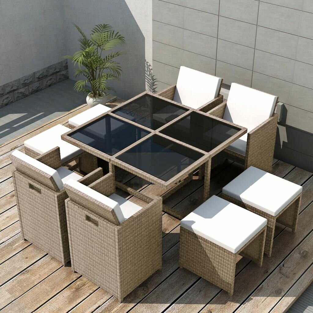 Image of 9 Piece Outdoor Dining Furniture Set with Cushions Poly Rattan Beige