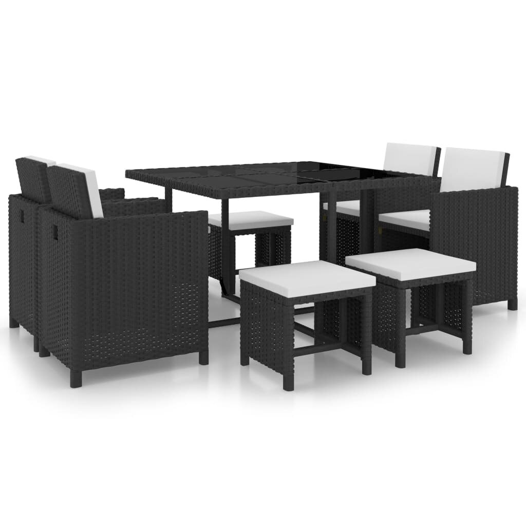 Image of 9 Piece Outdoor Dining Furniture Set with Cushions Poly Rattan Black