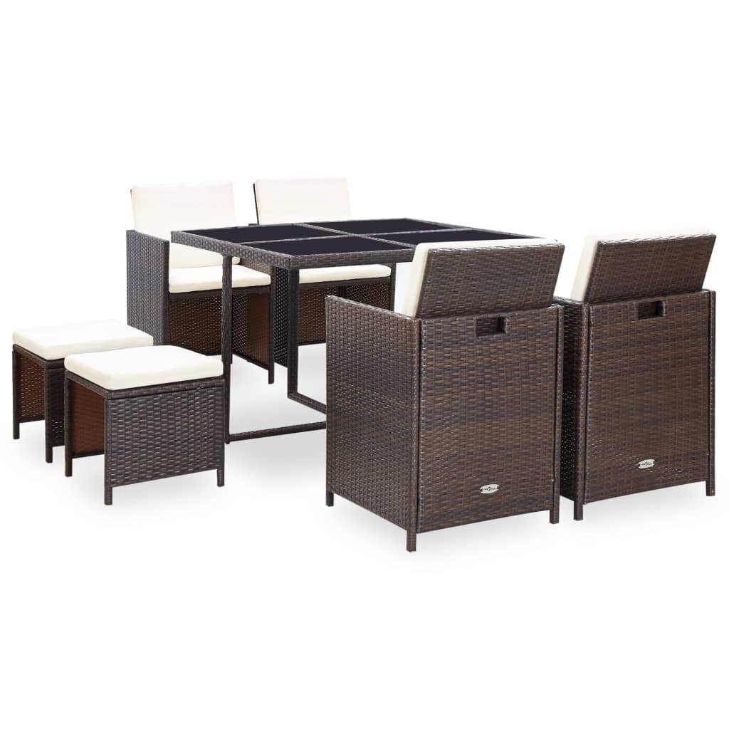 Image of 9 Piece Outdoor Dining Furniture Set with Cushions Poly Rattan Brown