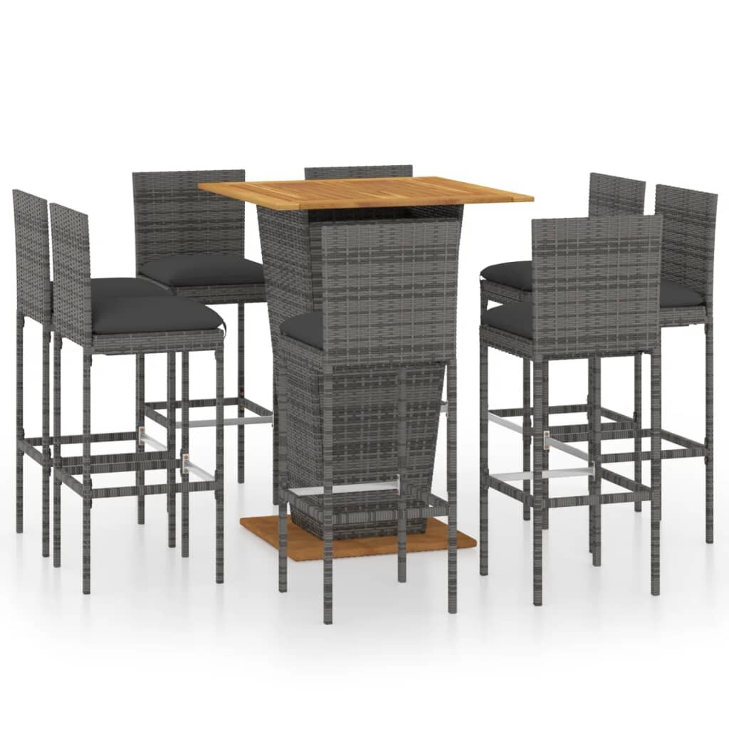 Image of 9 Piece Patio Bar Set with Cushions Poly Rattan Gray