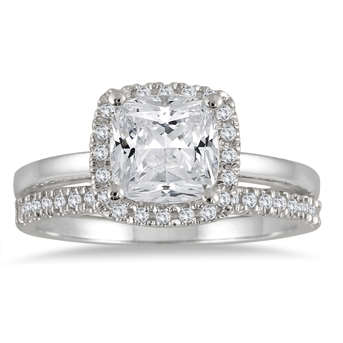 Image of AGS Certified 1 1/3 Carat TW Cushion Diamond Bridal Set in 14K White Gold