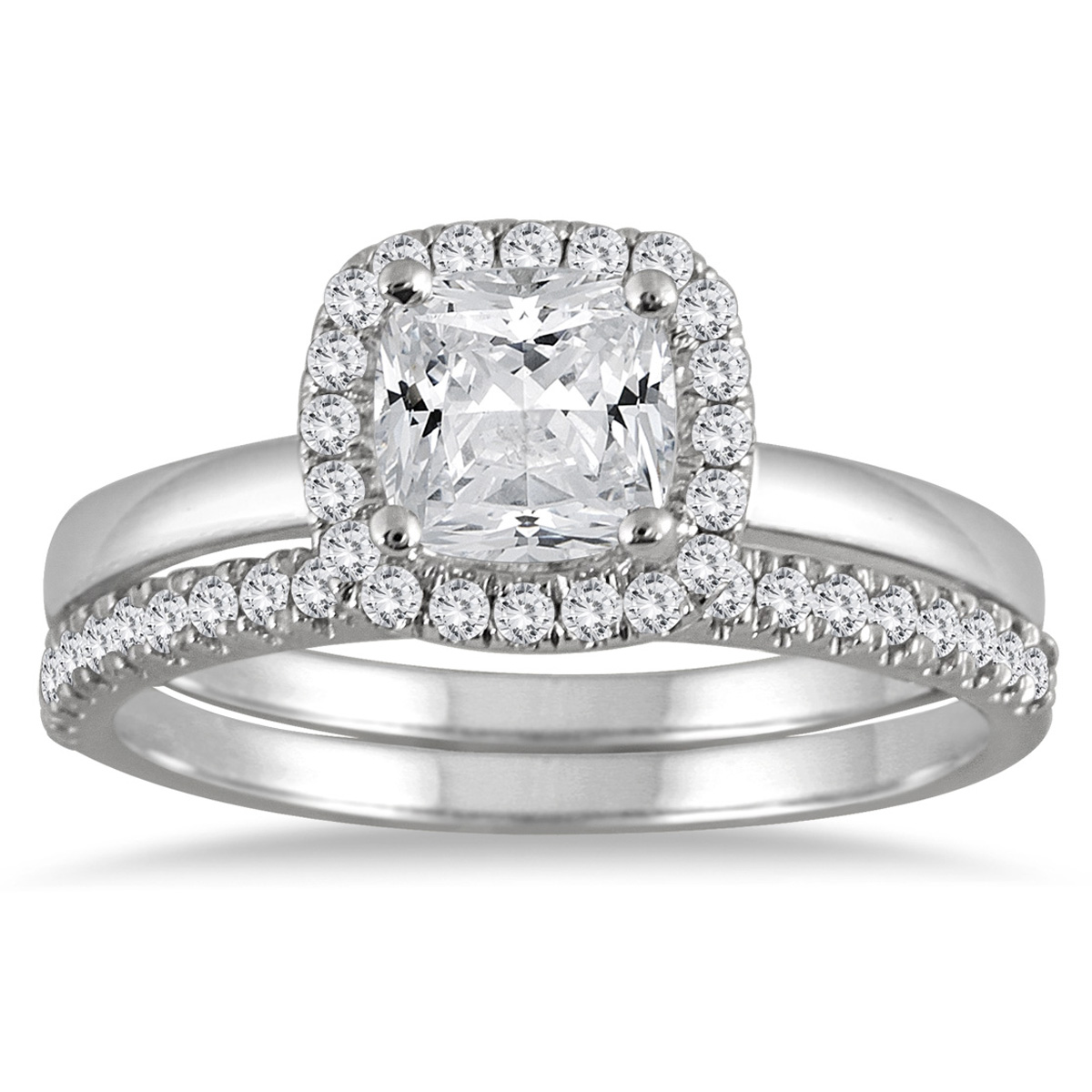 Image of AGS Certified 1 1/4 Carat TW Cushion Cut Diamond Halo Bridal Set in 14K White Gold