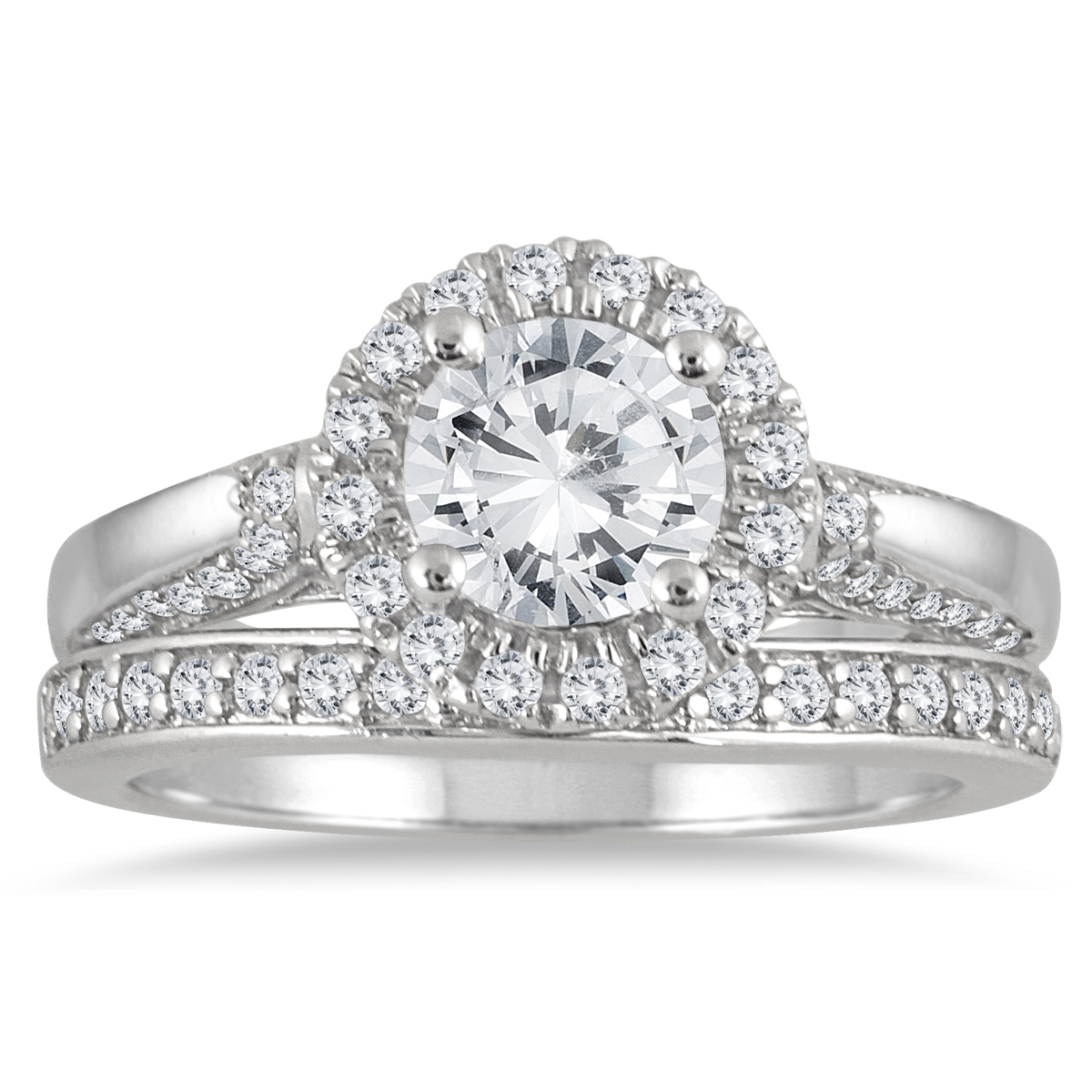 Image of AGS Certified 1 2/3 Carat TW Diamond Halo Bridal Set in 14K White Gold (J-K Color I2-I3 Clarity)