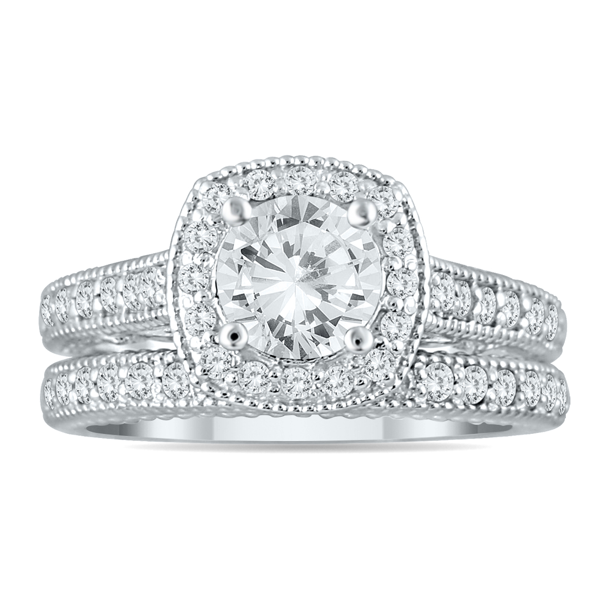 Image of AGS Certified 1 5/8 Carat TW Diamond Halo Bridal Set in 14K White Gold (H-I Color I1-I2 Clarity)
