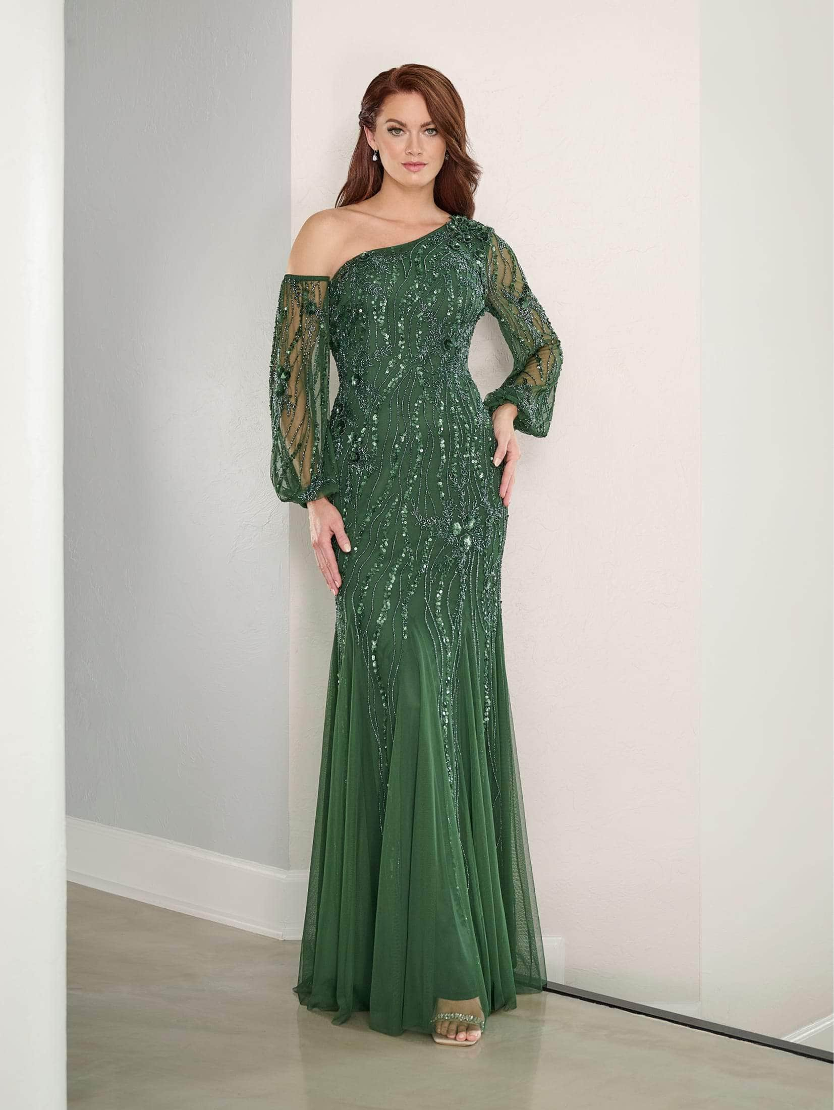 Image of Adrianna Papell Platinum 40464 - Beaded Asymmetrical Neck Long Dress