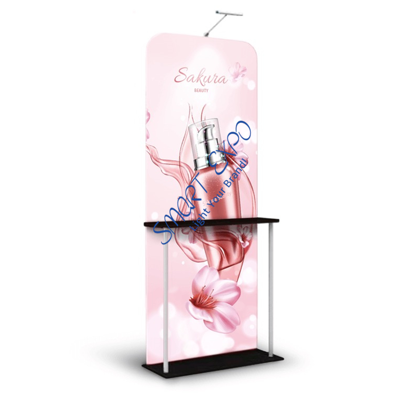 Image of Advertising Display Tension Fabric Floor Banner Stand with Shelf Rack Portable Carry Bag Single Graphic Printing