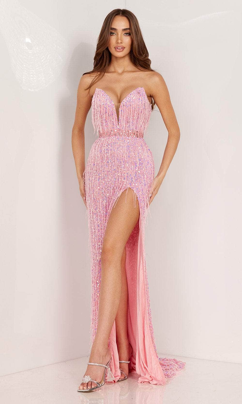 Image of Aleta Couture 1228 - Plunging V-Neck Fringed Evening Gown