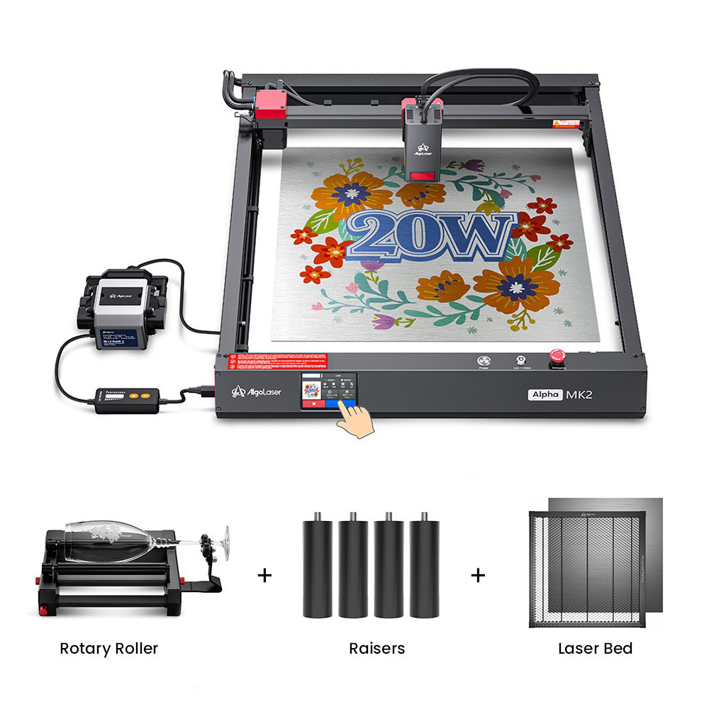 Image of AlgoLaser Alpha MK2 20W Laser Engraver + Laser Bed + Rotary Roller + Raisers